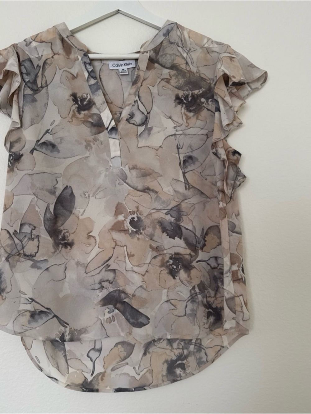 Calvin Klein Floral Blouse Top Medium Sheer Chiffon Ruffle Sleeve Beige